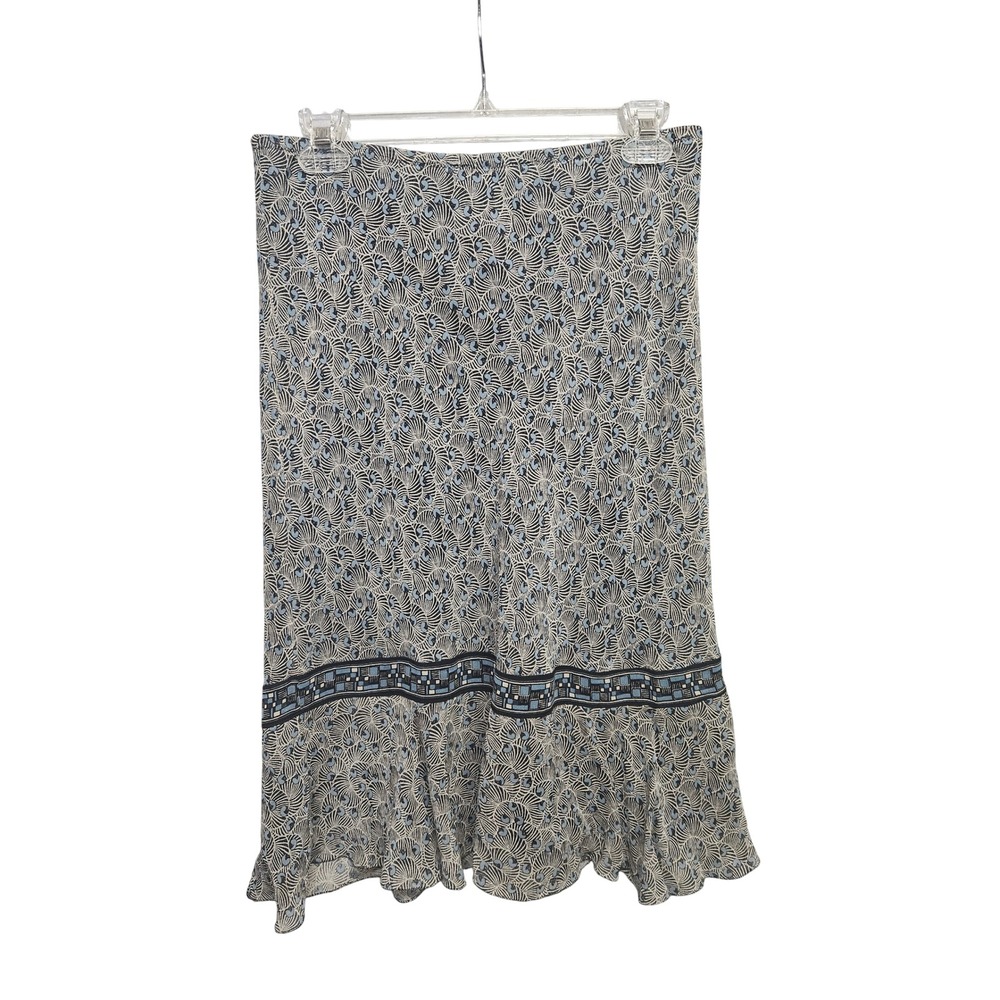 Studio M Blue Silk Fan Print Ruffle Hem Midi Skirt Size S 3M10V18